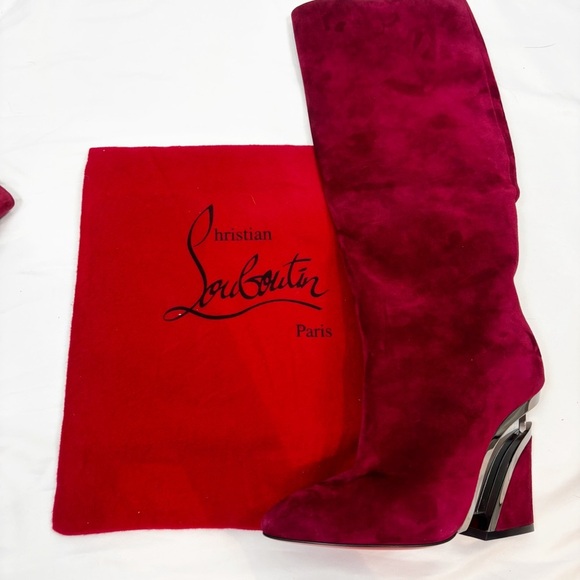 Christian Louboutin Veau Velours Levitibotta 100 Wedge Boots Opera Gun Metal Red - Picture 7 of 7